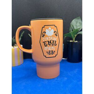 Contains Evil Spirits Orange Travel Mug With Lid - Halloween Themed Coffee Cup